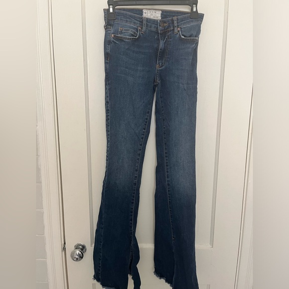 We the Free Dark Wash Wide Leg Flare Fringe Jeans - Picture 1 of 5
